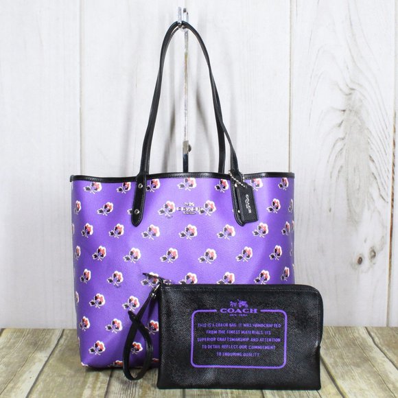 Coach Handbags - Coach Purple Floral Tote with Black Trim and Wristlet